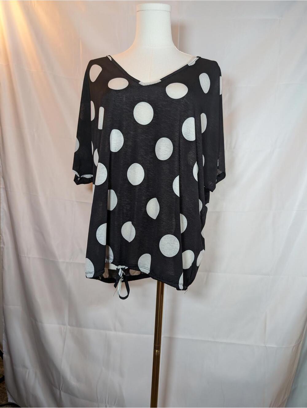 Lavish Flowy Black & White Polka Dot Top with Adjustable String Bottom - XL